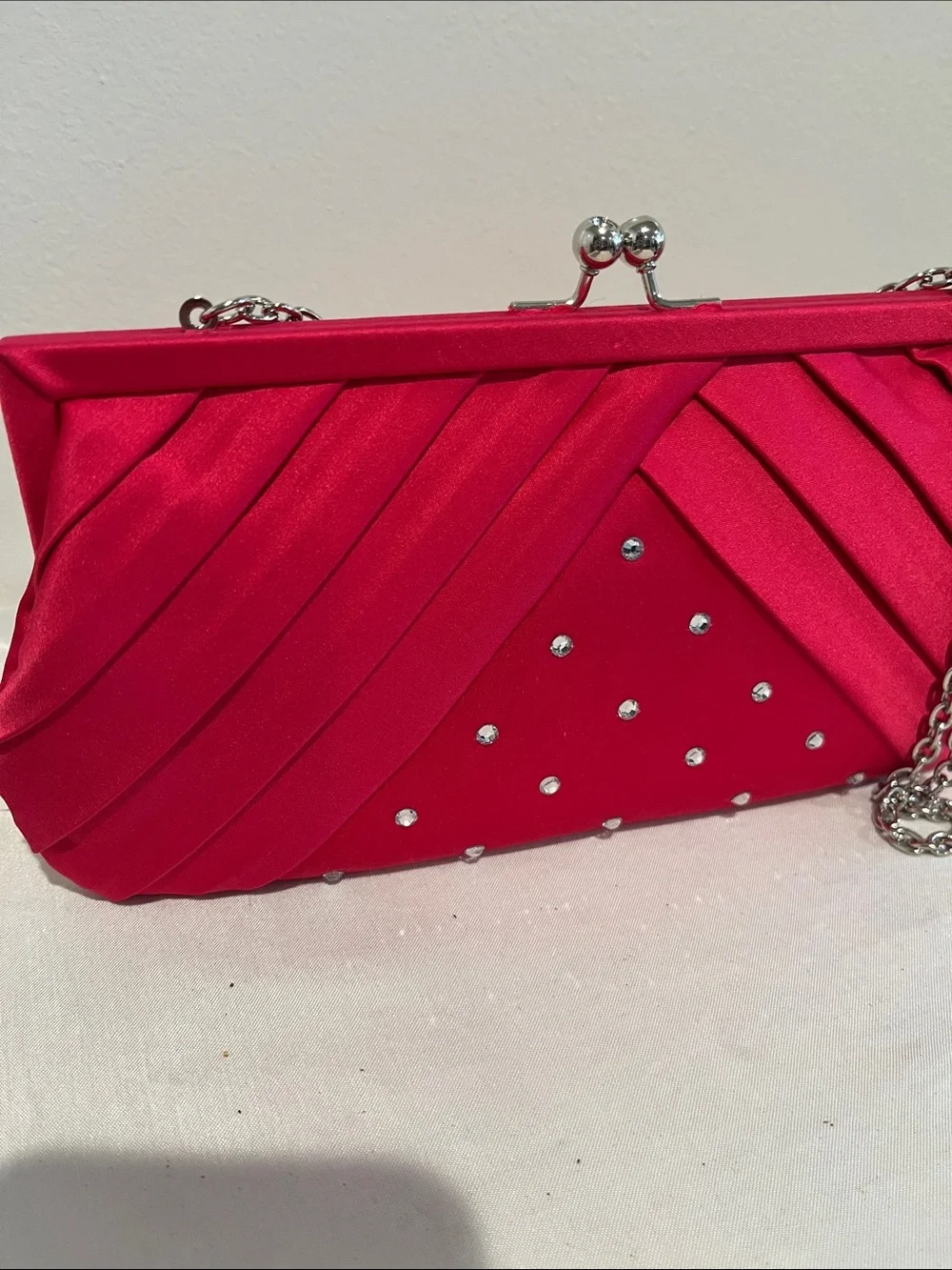 Fuchsia Satin Pleated Evening Clutch with Crystal Accents